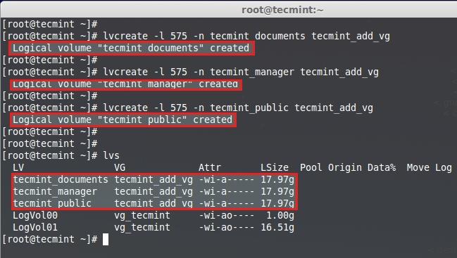 List Created Logical Volumes