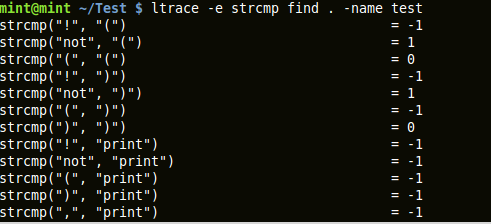 output of ltrace capturing ‘strcmp’ library call