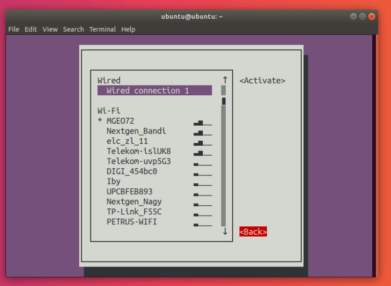 Select “Back” in the nmtui connections menu.