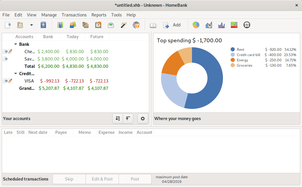 A simple account set up in HomeBank with a few transactions.