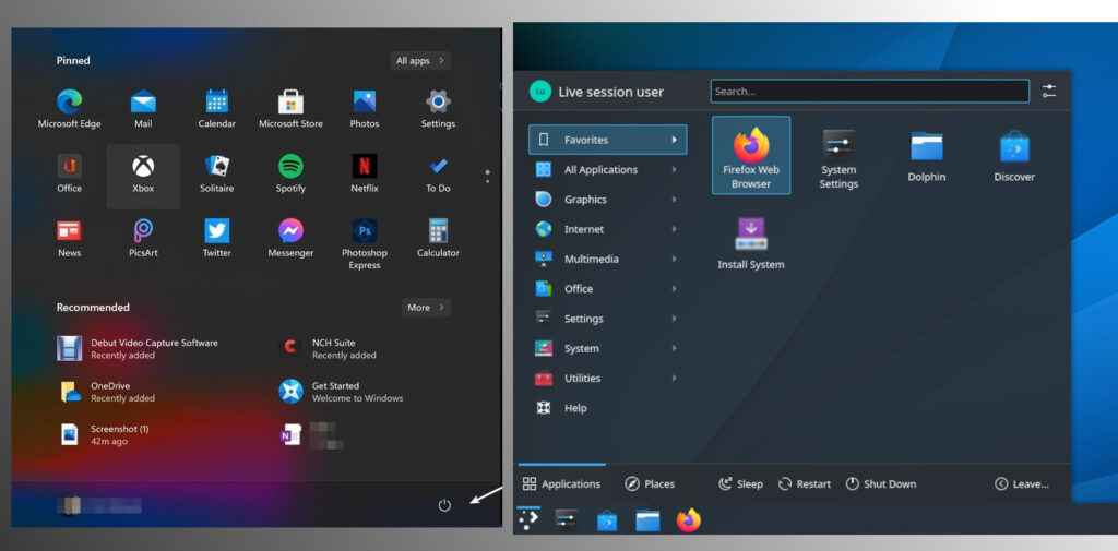 Windows 11 开始菜单与 KDE Plasma 的比较