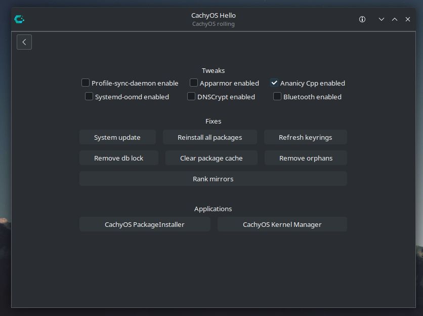 cachyos hello welcome screen tweak options