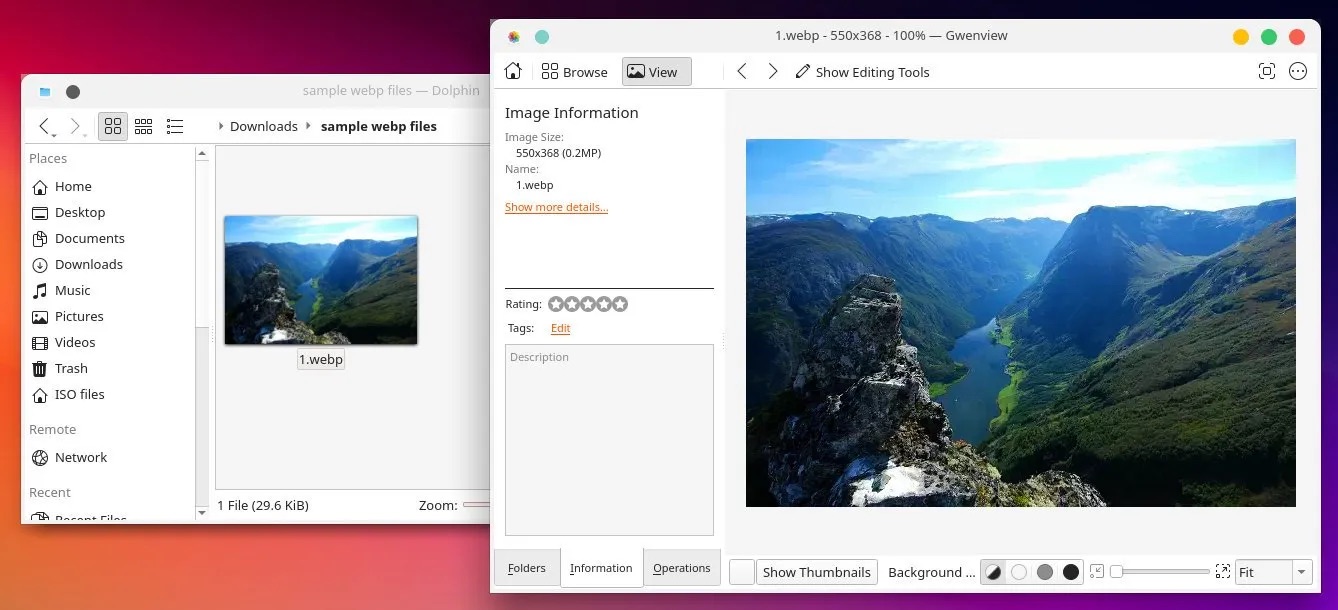 Dolphin and Gwenview displaying a sample WebP image on KDE Plasma